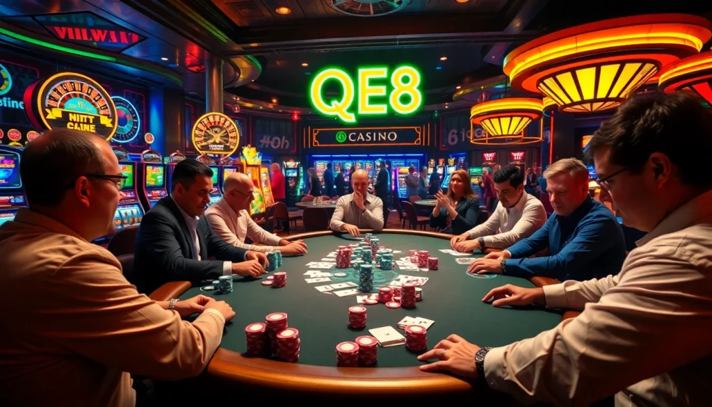 A high-stakes poker game at QE8 Casino with luxurious tables, exciting gameplay, and vibrant colors.