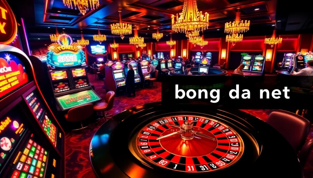 A thrilling casino scene showcasing players enjoying different games on Bong da net, highlighting poker chips and roulette.